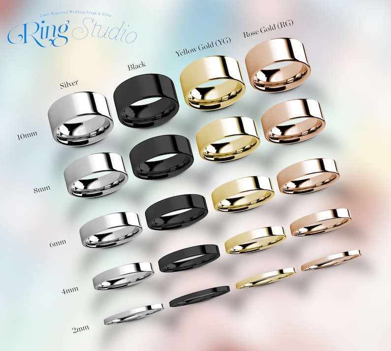 Op de afbeelding: Een selectie van trouwringen in verschillende breedtes en metalen, waaronder zilver, zwart, geelgoud en ros&eacute;goud. De ringen worden getoond in maten van 2 mm tot 10 mm.