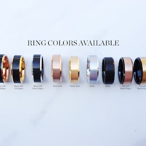 May include: Nine different colored rings with various edge finishes. The rings are black, silver, rose gold, yellow gold, black with rose gold edges, black with yellow gold edges, and black with silver edges.