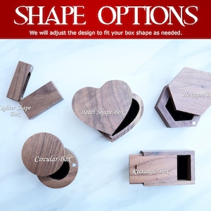 May include: Six wooden ring boxes in different shapes: lighter, heart, circular, hexagon, and rectangle. The boxes are open and show the inside of the box.