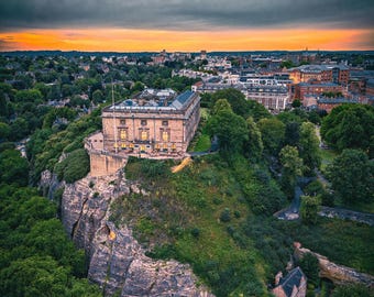 Nottingham castle print ,Nottingham wall art . Nottingham aerial print , Nottinghamshire wall art ,Nottingham sunset ,uk travel print
