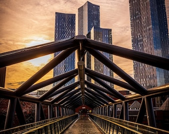 Manchester sunset print,Deansgate Bridge print,Manchester skyline,cityscape,Manchester City centre print,skyscraper,MCR, Manchester wall art