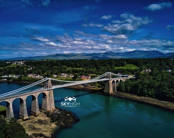 Menai Bridge Aerial print . Anglesey print . North wales print . Menai print, snowdonia , eryri , snowdon , landscape , river