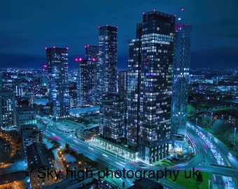 Manchester Skyline Druck, preisgekröntes Bild,Manchester City Center, Deansgate, Manchester Foto, Stadtbild Druck, Salford, luftig, MCR