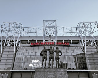 Manchester United print .Trinity statue,Old Trafford print.Man united,busby babes, Alex Ferguson,Red Devils,football stadium, Bobby Charlton