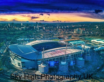 Manchester City Fc stadium ,Etihad stadium print .Manchester sunset print ,Man City print, Man City .Pep Guardiola , Treble winners