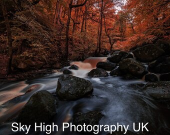 Padley Gorge Wasserfall, Peak District Druck, Derbyshire, Spitzen, bildende Kunst, hohe Spitzen, Herbst Peak District, Grindleford, orange Blätter