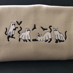 Cat Ghost Sweatshirt, Cute Halloween Apparel, Best Embroidered Cat Crewneck, Cute Scary cat, Autumn Crewneck, Bats and cats ghost, Cute cats