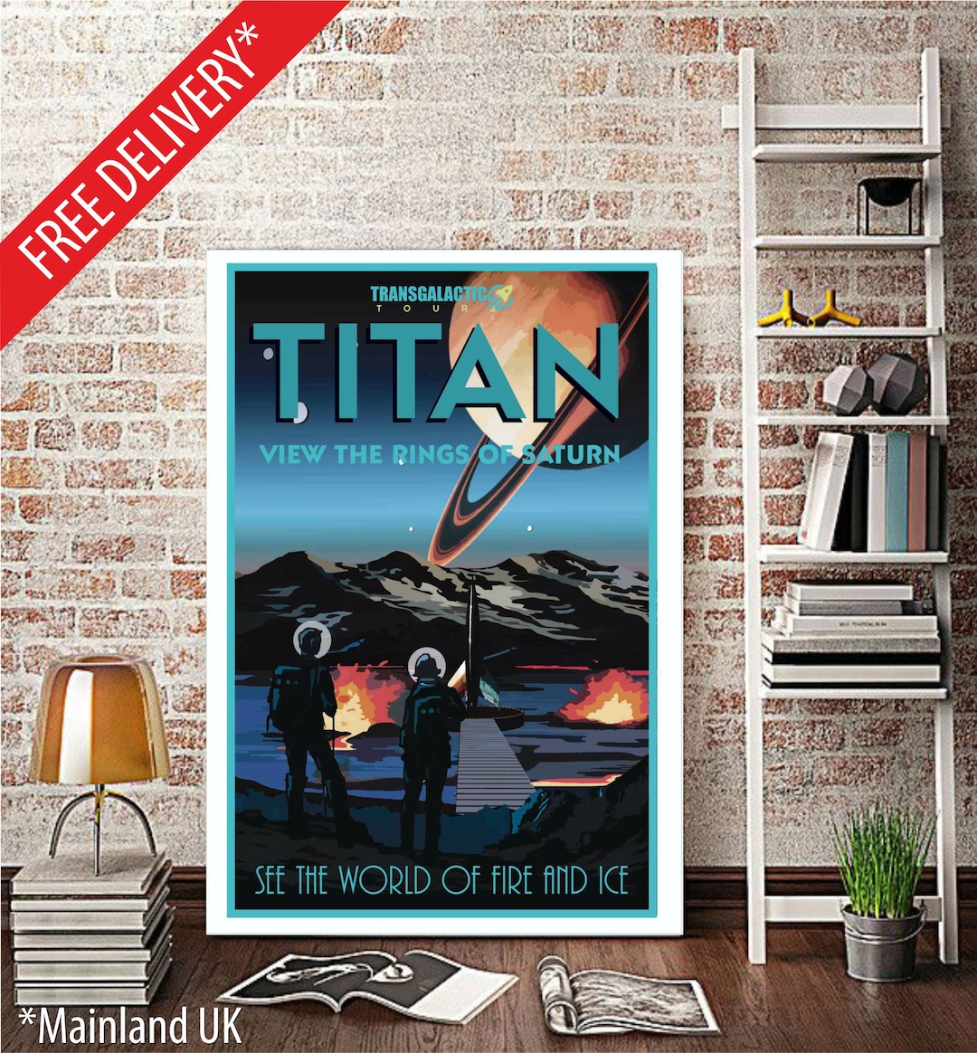 Retro Titan Space Travel Poster – Saturn Rings Wall Art (A1, A2, A3 ...