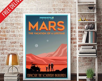 Retro Mars Travel Poster Print – Space Art Wall Decor (A1, A2, A3)