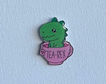 Tea-Rex Dinosaur Pin | Hand-Painted Shrink Plastic Teacup Brooch