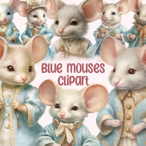 Aquarelle petite souris bleue Clipart - souris de conte de fées PNG Image numérique téléchargements pour la fabrication de cartes, Scrapbook, Junk Journal, Paper Crafts