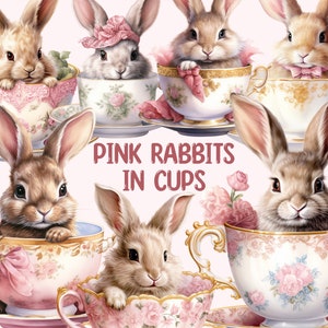 Aquarell rosa Kaninchen in Tasse Clipart, Märchenkaninchen PNG digitale Bild-Downloads für Kartenherstellung, Scrapbook, Junk Journal, Papierhandwerk