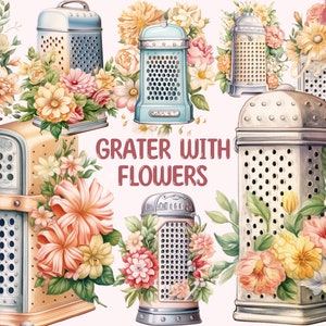 Rallador de acuarela con flores Clipart, Interior vintage PNG Descargas de imágenes digitales para la fabricación de tarjetas, Álbum de recortes, Diario basura, Artesanías de papel