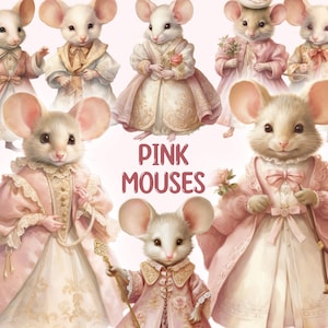 Watercolour Pink Mouses Clipart, Fairytale Mouse PNG Digital Image Downloads for Card Making, Scrapbook, Junk Journal, Paper Crafts