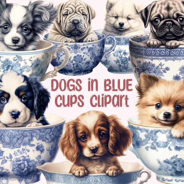 Dogs Watercolour Vintage Teacup Clipart - Kawaii Puppies PNG Digital Image Downloads for Card Making, Scrapbook, Junk Journal, Paper Crafts