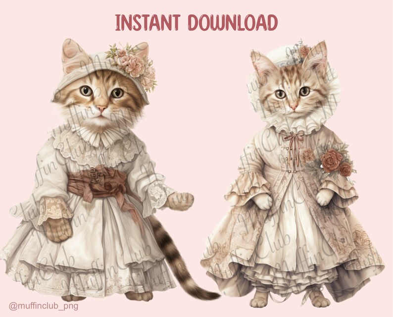 Watercolour Cats in Clothes Clipart, Fairytale Kittens PNG Digital