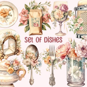 Watercolour Interior Dishes Clipart, House furniture PNG Digital Image Downloads for Card Making, Scrapbook, Junk Journal, Paper Crafts