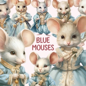 Watercolour Fairytale Mice Clipart Blue Mouse PNG Digital Image Downloads for Card Making Scrapbook Junk Journal Paper Crafts