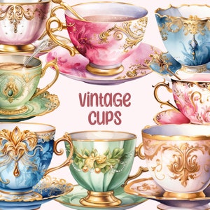 Acquerello Vintage Teacup Clipart - Antique Tea Time PNG Download di immagini digitali per la creazione di carte, Scrapbook, Junk Journal, Paper Crafts