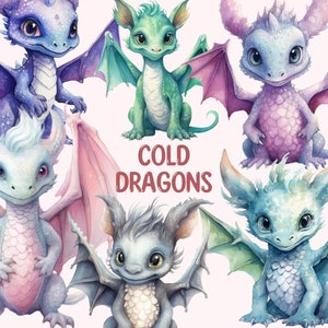 Watercolour Cold Dragons Clipart, Fairytale dragons PNG Digital Image Downloads for Card Making, Scrapbook, Junk Journal, Paper Crafts