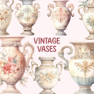 Clipart vintage di vasi ad acquerello, vaso di fiori PNG Download di immagini digitali per la creazione di cartoline, album di ritagli, diario spazzatura, artigianato con la carta