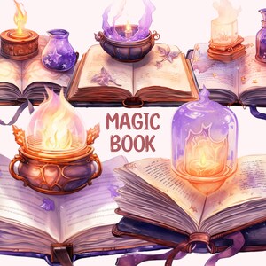 Magic Book aquarel Vintage Clipart - Kawaii boeken PNG digitale beelddownloads voor het maken van kaarten, Scrapbook, Junk Journal, papierambachten