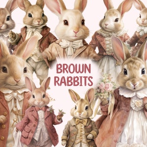 Watercolour Rabbits in Clothes Clipart, Animal Digital Prints, PNG format with Transparent Background for Commercial Use