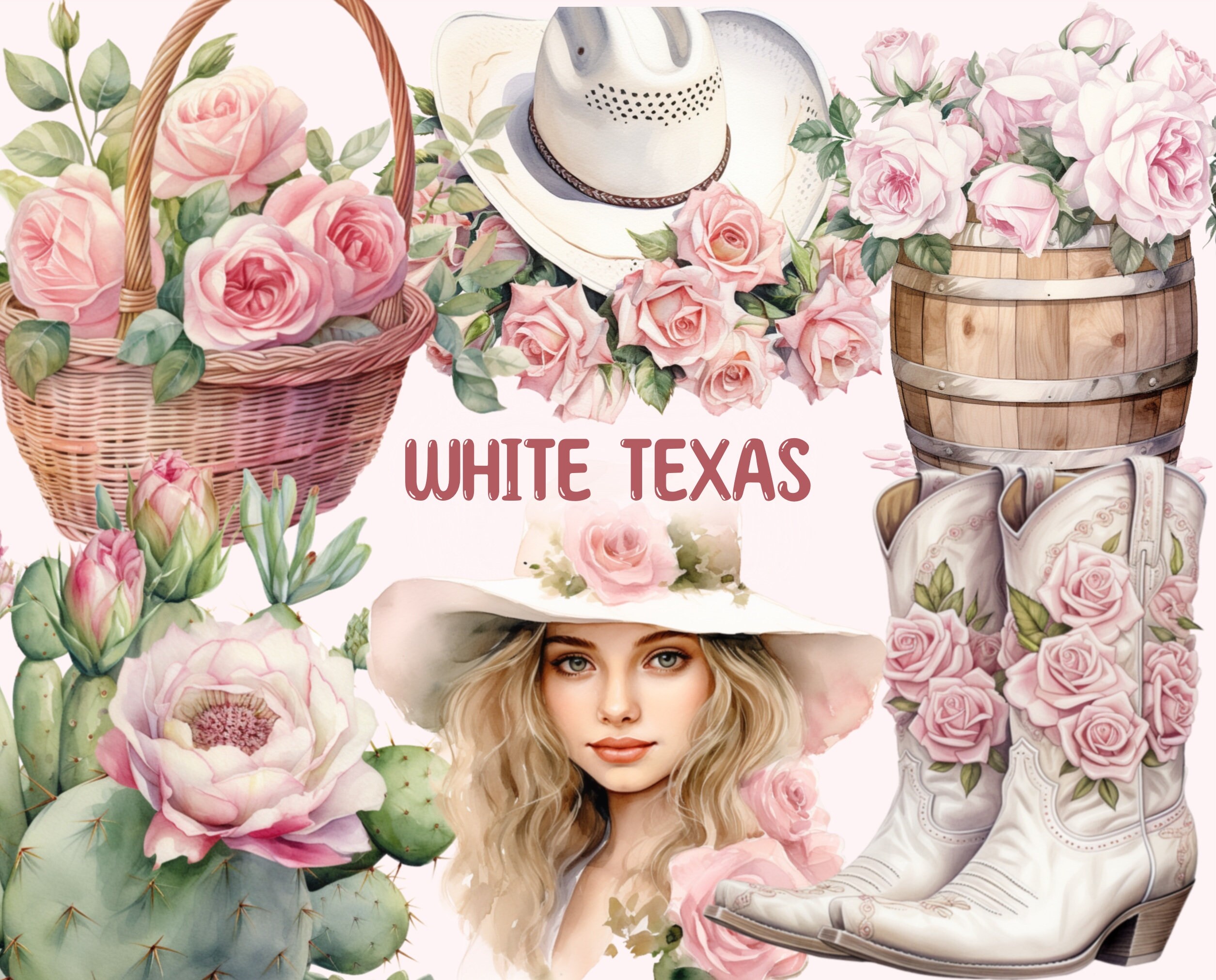 White Texas Watercolour Vintage Clipart - Texas Roses Pink PNG Digital ...