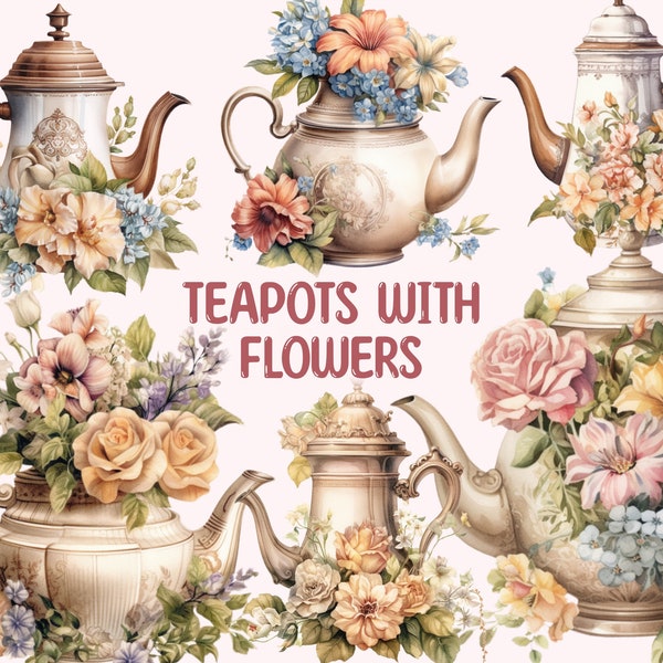 Watercolour Teapots with flowers Clipart, Vintage kettle PNG Digital Image Downloads for Card Making, Scrapbook, Junk Journal, Paper Crafts