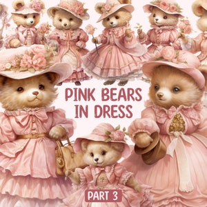 Watercolour Pink Bear Clipart - 3 part, Bear Animal PNG Digital Image Downloads for Card Making, Scrapbook, Junk Journal, Paper Crafts
