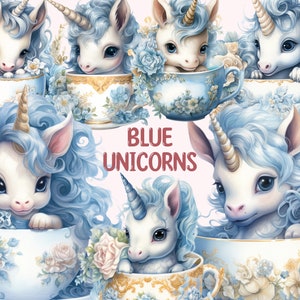 Watercolour Blue Unicorn Clipart, Fairytale Horse PNG Digital Image Downloads for Card Making, Scrapbook, Junk Journal, Paper Crafts