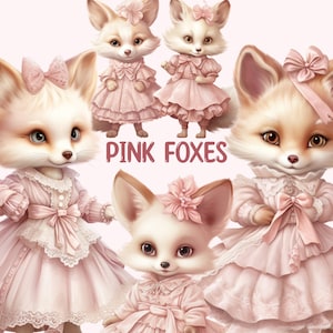 Renards en robe rose Aquarelle vintage Clipart - Fox PNG Téléchargements d’images numériques pour la fabrication de cartes, Scrapbook, Junk Journal, Paper Crafts