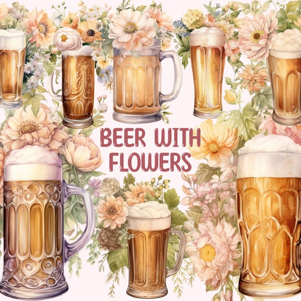 Watercolour Beer with flowers Clipart, Drink beers PNG Digital Image Downloads for Card Making, Scrapbook, Junk Journal, Paper Crafts