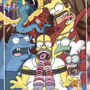 Peut inclure: Illustration de dessin animé colorée avec Homer Simpson et une pile de beignets. Divers personnages de dessins animés aux expressions exagérées l'entourent. Le texte « Don't Eat! » et « Daddy's Soul Donut » est visible. Signature de l'artiste.