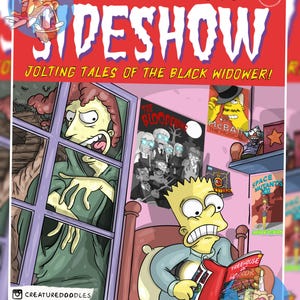 Puede incluir: Ilustración de la portada de un cómic con Bart Simpson leyendo un cómic de "Treehouse of Horror". El título "Sideshow" está en letras blancas grandes sobre un fondo rojo. Otros carteles y texto incluyen "Die Bart Die" y "The Bloodening".