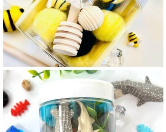 Sharks, Honey Bee,  Homemade Sensory Dough Jar, Homemade Play Dough,  Class Favors, Imagination at Play, Party Favors, Ocean Creatures