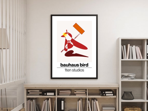Bauhaus Style Bird Print w Geometric Shapes & Red Yellow Orange Design Animal Wall Art Bauhaus Style Bird Print w Geometric Shapes & Red Yellow Orange Design Animal Wall Art