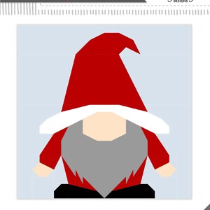 May include: Foundation paper pieced gnome pattern with a red hat, white beard, and black pants. The finished size is 12 1/4 inches by 12 1/4 inches. Difficulty rating: Intermediate.