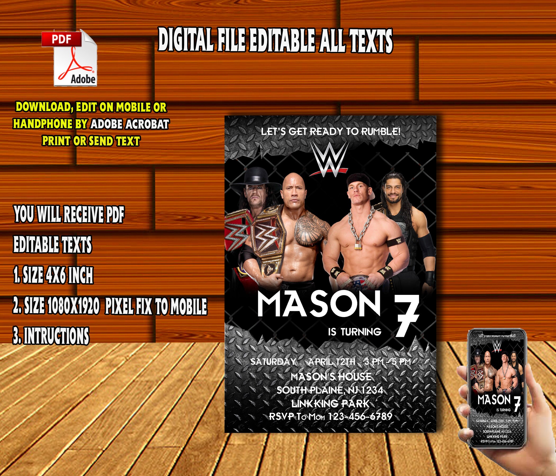 Editable Wwe Invitations Wwe Pdf Birthday Wwe Pdf Party | Etsy