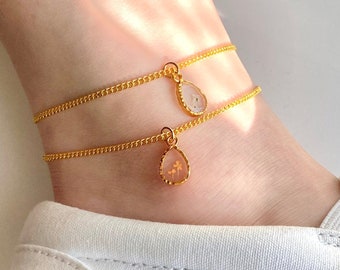 Teardrop Flower Anklet, Real Pressed Flowers, Custom Tiny Dainty Minimalist Resin Charm Anklet, Gold Anklet, Gifts for Her