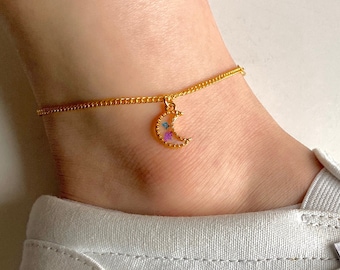 Moon Flower Anklet, Real Pressed Flowers, Custom Tiny Dainty Minimalist Resin Charm Anklet, Gold Moon Anklet, Gifts for Her