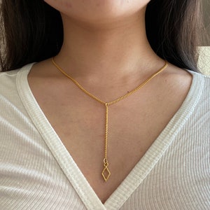 Diamond Drop Chain Necklace, Y Necklace, Gold Drop Chain Necklace, Dainty Gold Necklace Pendant, Lariat Necklace, Diamond-Shaped Necklace