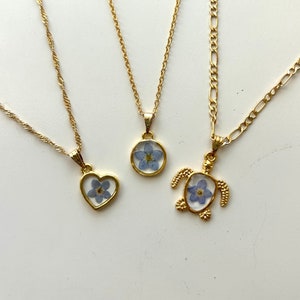 Forget-Me-Not Necklace, Dainty Real Pressed Flower Resin Pendant, Gold & Silver, Various Shapes - Heart, Circle, Diamond, Teardrop