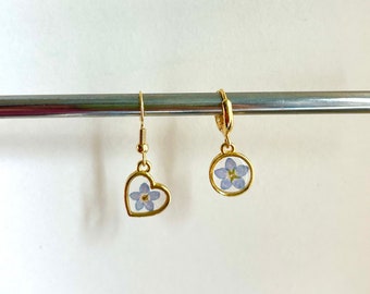 Forget-Me-Not Earrings, Dainty Real Pressed Flower Resin Leverback Huggies Clip On, Gold & Silver, Various Shapes - Heart, Circle, Diamond