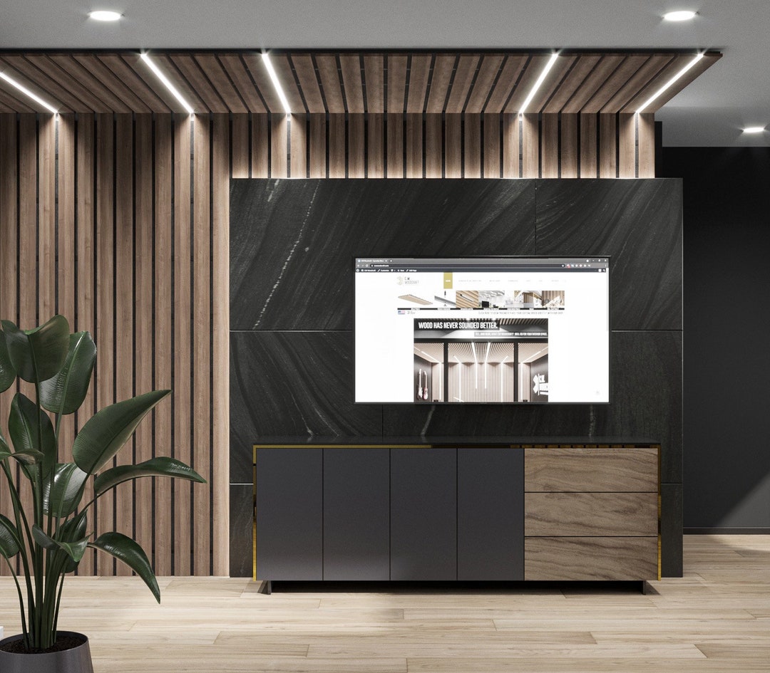 TV Accent Wall & Ceiling Wood Slat Panels F50 Custom Finishes and Configurations Ash Walnut