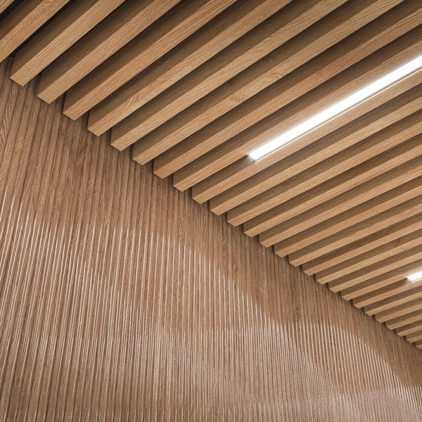 Wood Ceiling Grille - Modern Reception Area Décor | White Oak | Walnut | Optional Lighting | Custom Wood Ceiling Panels