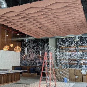 May include: A large, unfinished room with a decorative, wave-shaped acoustic ceiling panel. The room has a tiled floor, a wooden counter, and a ladder in the center. The walls are painted black and feature a mural of coral and seaweed.