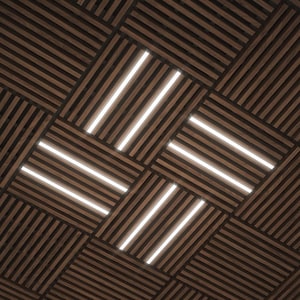 May include: A wooden ceiling with a grid pattern and integrated LED lights. The lights are arranged in a cross pattern.
