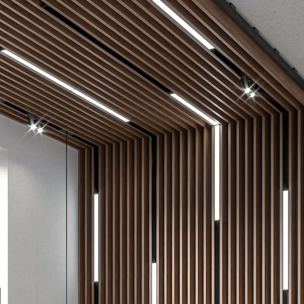 Ceiling Baffles | Reception Desk Decor | Custom Wood Wall | Wood Slat Panel with Lights
