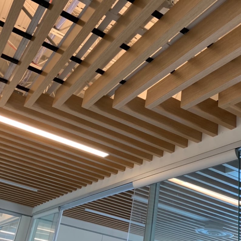 May include: A wooden ceiling with a grid pattern of beams. The beams are arranged in a geometric pattern, creating a modern and stylish look.